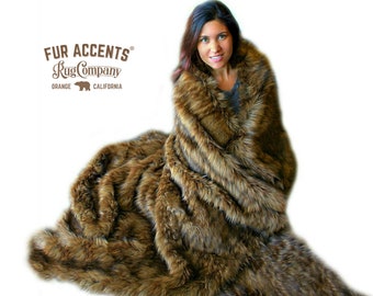 Faux Fur Throw Blanket, Golden Brown Wolf, Minky Lining