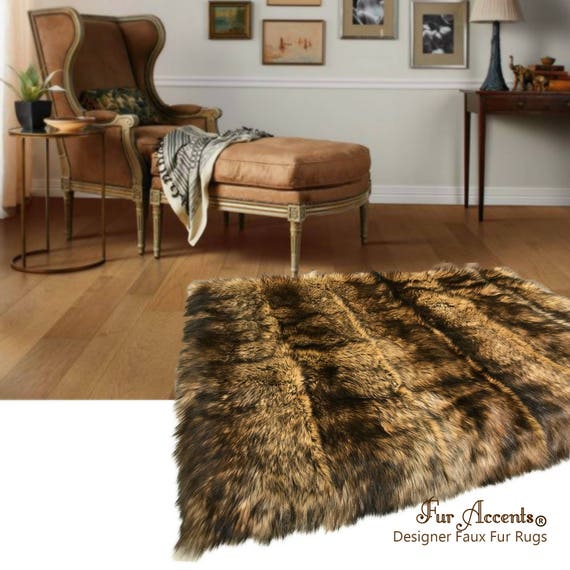 Plush Faux Fur Pieced Luxury Fur Strip Rug  - Golden Brown Wolf - Ultra Suede Non Slip Lining - Rectangle - Art Rugs by Fur Accents - USA
