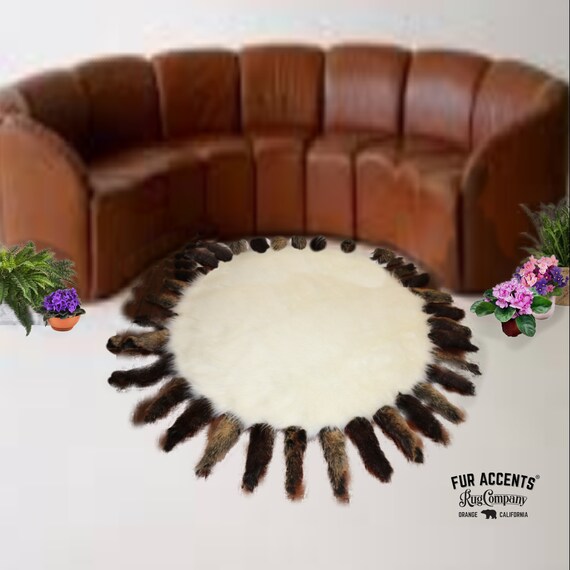 Plush Faux Fur Area Rug - Shaggy Shag - Sheepskin - Round Pelt Shape Designer Rug with Tail Fringe - 6 Colors -Art Rug by Fur Accents - USA