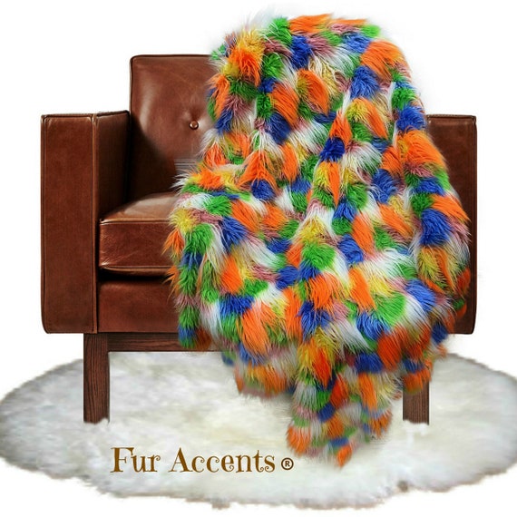 Extraordinary Shag Throw Blanket - Bedspread - Soft Shaggy Plush - Color Crayon Patchwork Fur, Minky Cuddle Fur Lining - Fur Accents - USA