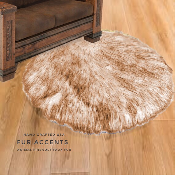 Plush Faux Fur Area Rug - Shaggy Black or Brown Tipped Wolf, Thick Sheepskin, Round Shape Pelt Design  - Designer Art Rug by Fur Accents USA