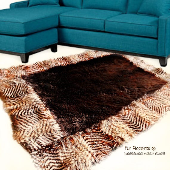 Plush Faux Fur Throw Area Rug - Brown Shag Bear with Brown Feather Fur Border Trim - Ultra-Suede Lining - Fur Accents - USA