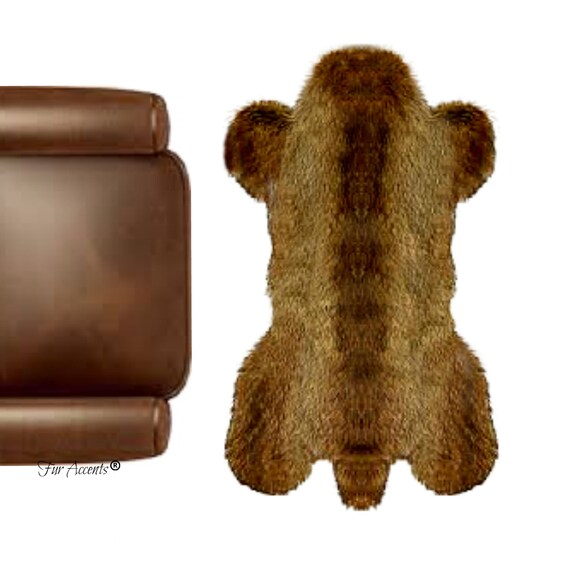 Plush Faux Fur Area Rug - Light Golden Brown Wolf Fur - Bear Skin Pelt Shape - Designer Art Rug Collection - Hand Made by Fur Accents USA