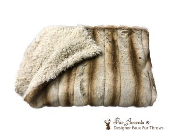 Plush Faux Fur Throw Blanket - Bedspread - Luxury Brown Stripe Ribbed Chinchilla Fur Fleece Cuddle Fur Lining - Fur Accents - USA