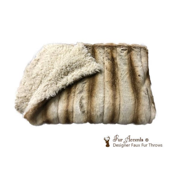 Plush Faux Fur Throw Blanket - Bedspread - Luxury Brown Stripe Ribbed Chinchilla Fur Fleece Cuddle Fur Lining - Fur Accents - USA