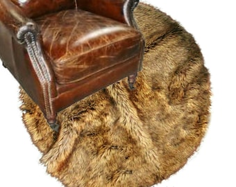 Handmade Faux Fur Round Rug – Golden Brown Wolf, Non-Slip