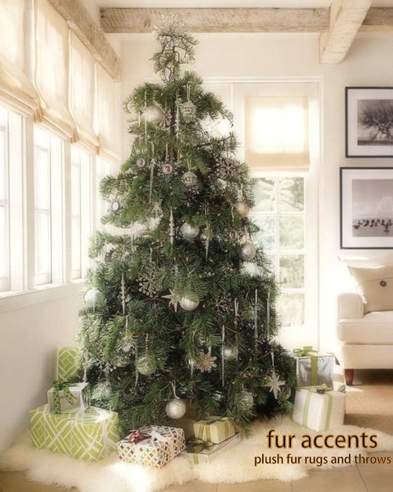 Shaggy Shag Faux Sheepskin Pelt Shape- Classic Faux Fur Christmas Tree Skirt - White and Off White - by Fur Accents - USA