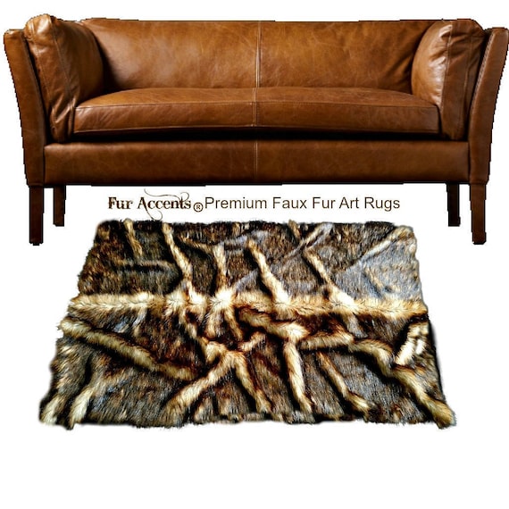 Plush Faux Fur Area Rug "Roots" Pelt Design - Rectangle Shape Throw Carpet -  Wolf - Fox Pieced Fur - Designer Art Rug by Fur Accents USA