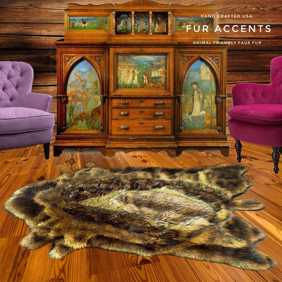 One of a Kind, Patchwork Pieced Fur Bear Skin Rug,100% Animal Friendly, Area Rug, Designer Original, Fur Accents, Hand Made, USA