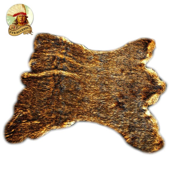 Plush Faux Fur Area Rug - Luxury Fur Golden Brown Kodiak Bear Skin - Animal Hide - Pelt Shape Designer Throw Rug - Fur Accents - USA