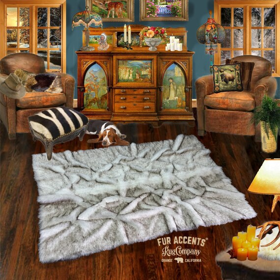 Plush Faux Fur Area Rug "Roots" Pelt Design - Rectangle Throw Carpet -  Wolf, Fox Pieced Fur - Hand Made Designer Art Rug by Fur Accents USA