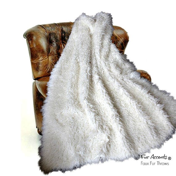 Matted Mongolian Sheepskin   - Faux Fur Throw Blanket - Off White - Minky Cuddle Lining - Designer Throw - Fur Accents - USA