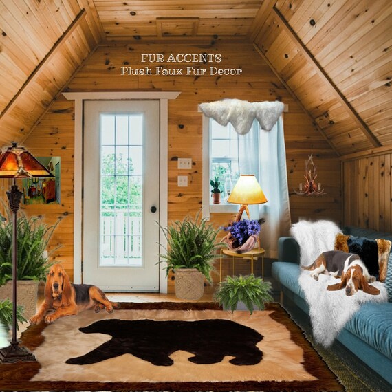 Plush Faux Fur Area Rug - Walking Bear Art Rug - Tan Rectangle - Hand Crafted - Micro Suede Lining - Western - Log Cabin - Fur Accents USA