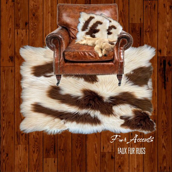 Plush Faux Fur Area Rug - Luxury Fur Thick Shaggy Icelandic Sheepskin - Brown Spotted - Rectangle Shape - Designer Throw - Fur Accents USA