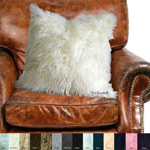 Plush Faux Fur Pillow  - Shaggy Long Hair Mongolian Llama Sheepskin - Plush Fur Face - Minky Back - Designer Throw - Toss -  Fur Accents USA
