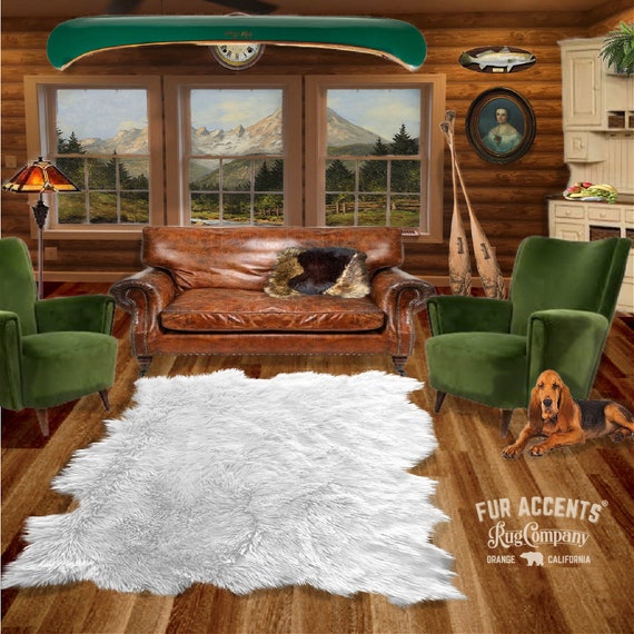 White Random Shape Sheepskin Rug. Realistic. Faux Fur. Area Rug. Lodge Cabin. Throw Rug. Old Fashion. Rustic. Cottage Decor. Gifts For Dad
