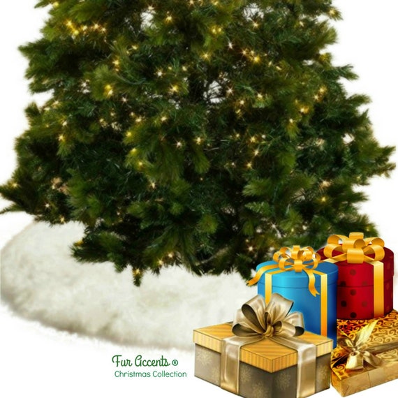 Classic Faux Fur Christmas Tree Skirt - Shaggy Shag Faux Sheepskin Round  - White and Off White - by Fur Accents - USA