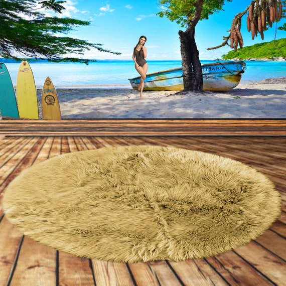 Plush Faux Fur Baby Nursery Area Rug - Shaggy Thick Sheepskin - Round Shape Pelt Design  - Designer Art Rug by Fur Accents USA