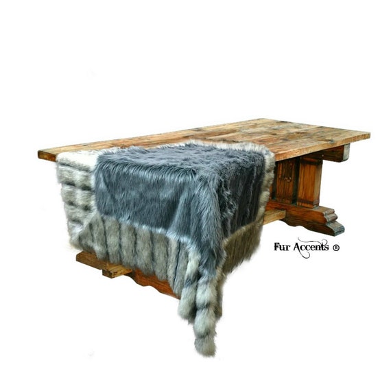 Faux Fur Throw Blanket - Bedspread - Ribbed Fox Border - Shag - Brown Ribbed Fox or Silver Gray Ribbed Fox - Fur Accents - USA