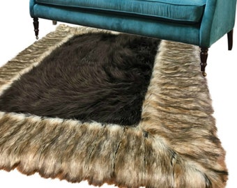 Faux Fur Shag Area Rug - Ribbed Fox Border - Choose Brown Fox or Silver Gray Fox - Ultra-Suede Lining - Fur Accents - USA