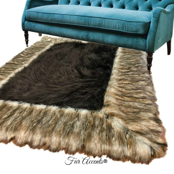Faux Fur Shag Area Rug - Ribbed Fox Border - Choose Brown Fox or Silver Gray Fox - Ultra-Suede Lining - Fur Accents - USA