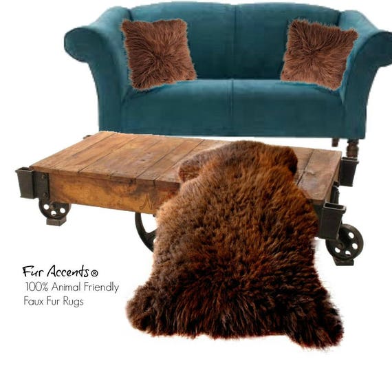 Plush Icelandic Faux Fur Sheepskin Area Rug - Thick Luxury Fur Brown Shag - Pelt Rug Shape - Designer Throw Rug - Fur Accents USA
