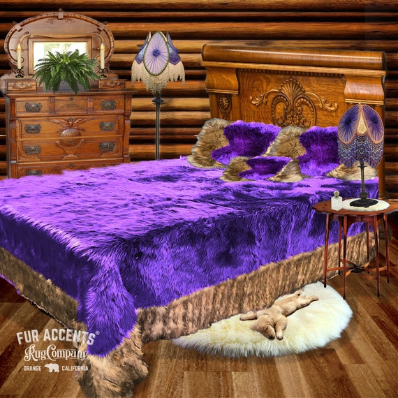 Faux Fur Throw Blanket - Bedspread - Ribbed Fox Border - Soft Plush Faux Fur Shag - Minky Cuddle Fur Lining  - Fur Accents - USA