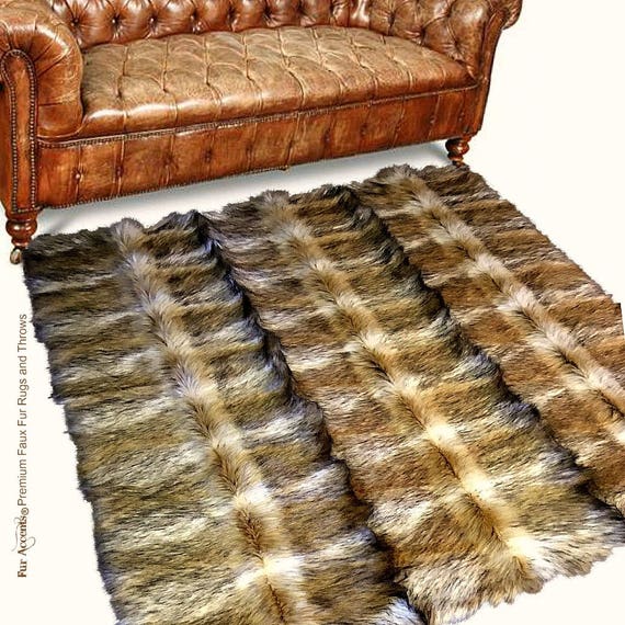 Plush Faux Fur Area Rug - Pieced Luxury Fur - Strip Rug  - Coyote - Ultra Suede Non Slip Lining - Rectangle - Art Rugs by Fur Accents - USA