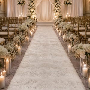 May include: A wedding aisle featuring a long white faux fur runner flanked by rows of gold chairs and glass cylinder vases containing white pillar candles and white floral arrangements, leading to a large white floral arch and white drapes.