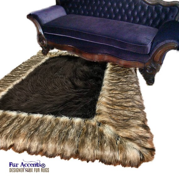 Plush Faux Fur Throw Area Rug - Brown Shag Bear with Brown Ribbed Fox Fur Border Trim - Ultra-Suede Lining - Fur Accents - USA