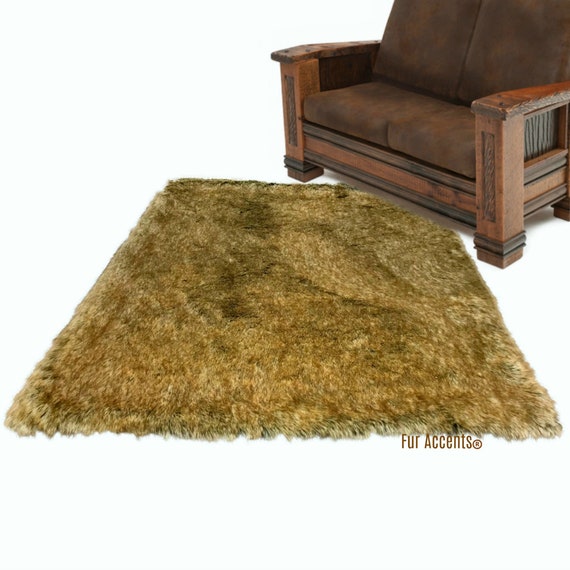 Plush Faux Fur Area Rug - Light Brown Wolf Fur - Rectangle Shape - Animal Pelt Design  - Designer Art Rug Collection - by Fur Accents USA