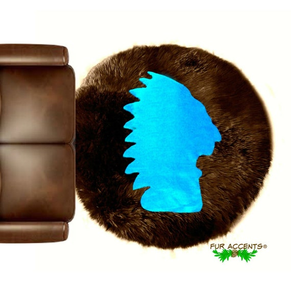 Plush Faux Fur Area Rug - American Indian Head Art Rug - Round - Hand Sewn - Micro Suede Lining - Western - Log Cabin - Fur Accents USA
