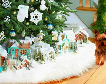 Plush Classic Faux Fur Christmas Tree Skirt - Shaggy- Shag- Faux Sheepskin- Round Shape - White -Hand Made by Fur Accents - USA