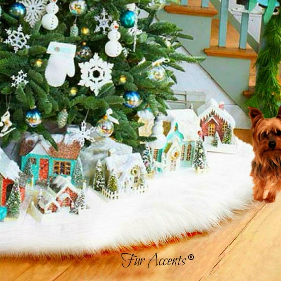 Plush Classic Faux Fur Christmas Tree Skirt - Shaggy- Shag- Faux Sheepskin- Round Shape - White -Hand Made by Fur Accents - USA