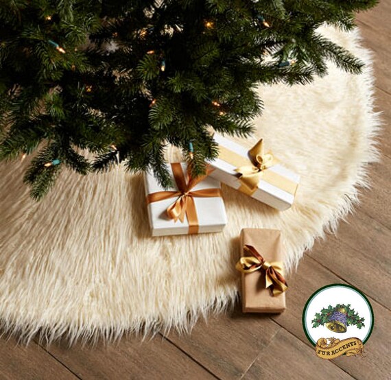 Classic Faux Fur Christmas Tree Skirt Shaggy Shag Faux  Sheepskin Pelt Round Shape White, Off White, Gray, Tan by Fur Accents - USA