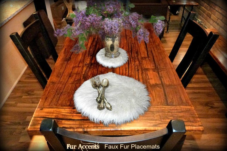 4 Plush Faux Fur Placemats Luxury Fur Soft Shaggy Mongolian Sheepskin Place Mat Table Top Wedding Decor Designer Accessories Fur Accents USA image 1