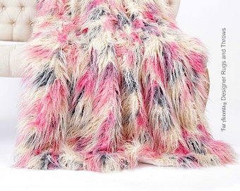 Faux Fur Shag Throw Blanket – Pink, Gray, Blue, and White, Minky Lining