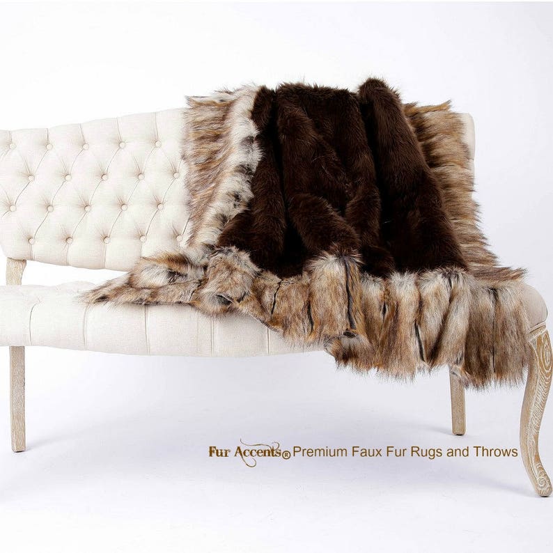 Brown Shag Bear with Light Brown Ribbed Fox Fur Border Trim Fur Accents Plush Faux Fur Throw Blanket Bedspread Minky Lining USA