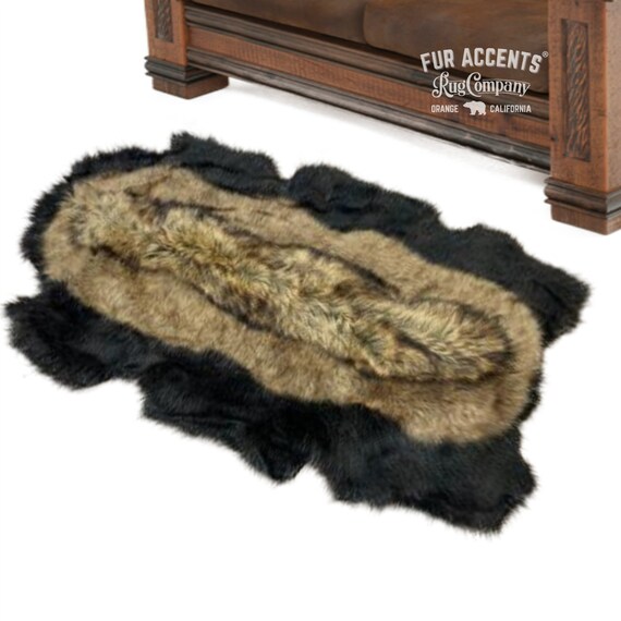 Faux Fur Throw Rug, Golden Brown Coyote, Wolf Luxury Pieced Fur Pelt with Black Brown or White Center, Ultra Suede Lining, Fur Accents USA