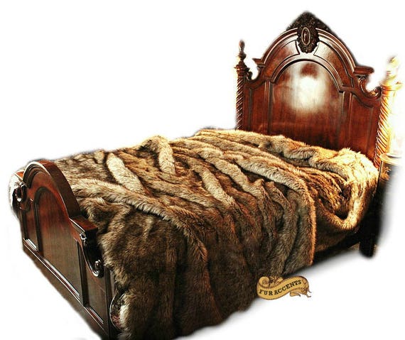 Plush Faux Fur Bedspread - Golden Brown Wolf - Coyote Design - Log Cabin Designer Throw Blanket or Wild Wolf Pillow Shams by Fur Accents USA