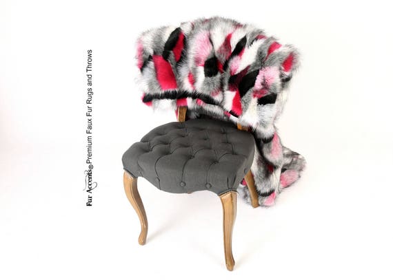 Plush  Faux Fur Throw Blanket, Soft Pink Mink Patched Bedspread - Luxury Fur - Minky Cuddle Fur Lining Fur Accents USA