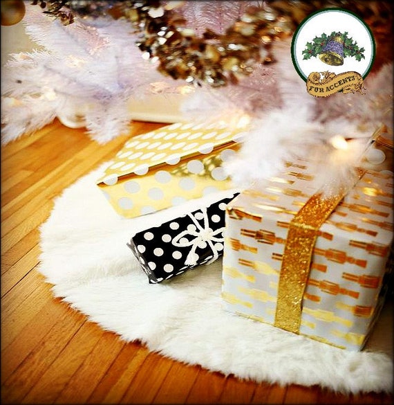 Classic Faux Fur Christmas Tree Skirt - Shaggy Shag Faux Sheepskin Pelt Round Shape   Colors - White and Off White - by Fur Accents - USA