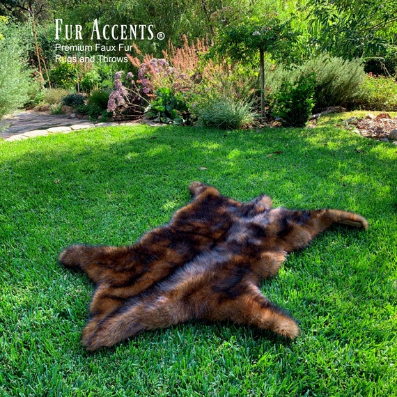 Plush Faux Fur Area Rug - Luxury Fur Thick Red Brown Bear Skin - Faux Fur - Animal Pelt Shape Designer Throw Art Rug by- Fur Accents - USA