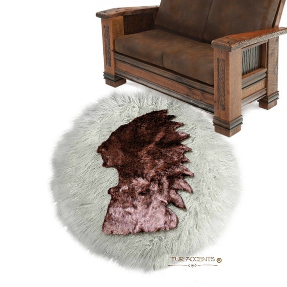 Plush Faux Fur Area Rug - American Indian Head Art Rug - Round - Hand Sewn - Micro Suede Lining - Western - Log Cabin - Fur Accents USA
