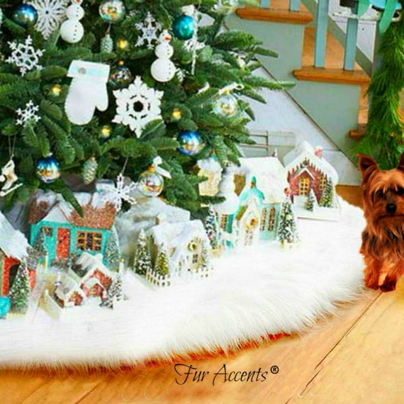 Classic Faux Fur Christmas Tree Skirt - Shaggy Shag Faux Sheepskin Round - Center Opening - White and Off White - by Fur Accents - USA