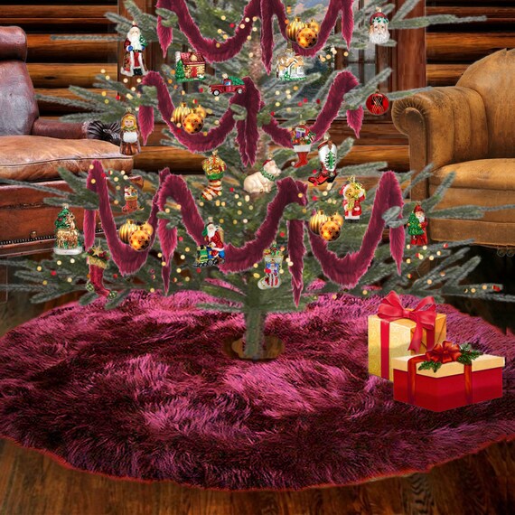 Faux Fur Christmas Tree Garland, Swag, Shaggy Cranberry Red, Strand, Ornament, Stairway Trim, Mantle Decoration, Fur Tinsel, Fur Accents-USA