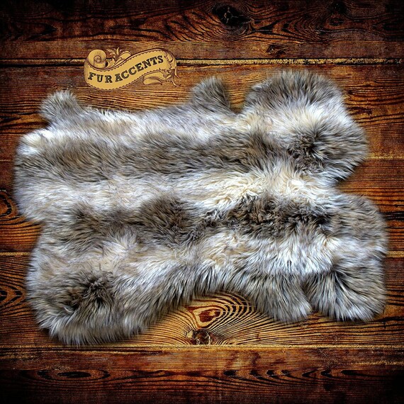Plush Faux Fur Area Rug - Gray and Off White Stripes - New Pelt Shape Designer Throw Rug - Fur Accents - USA