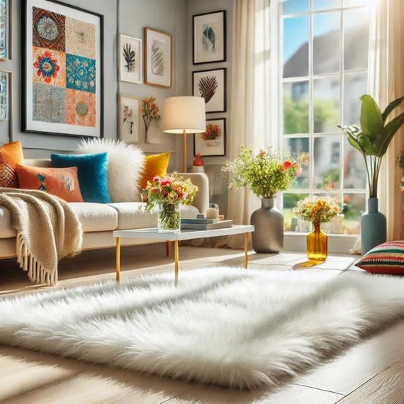 Plush Faux Fur Area Rug - Luxury Fur Thick  Shaggy Icelandic Sheepskin - Rectangle Shape Designer Throw - Fur Accents - USA