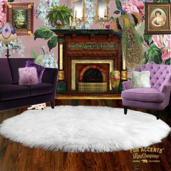 Plush Faux Fur Area Rug - Shaggy Thick Sheepskin - Round Shape Pelt Design  - Designer Art Rug by Fur Accents USA