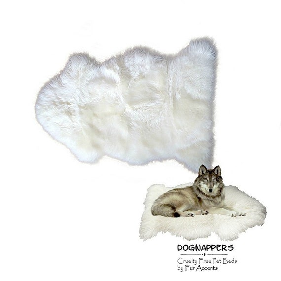 Dog Bed Cat Mat Pet Bed, Plush Faux Fur - Shaggy Dognappers, Cruelty Free Faux Sheepskin - Black Wolf - White or Pink Fur Accents USA